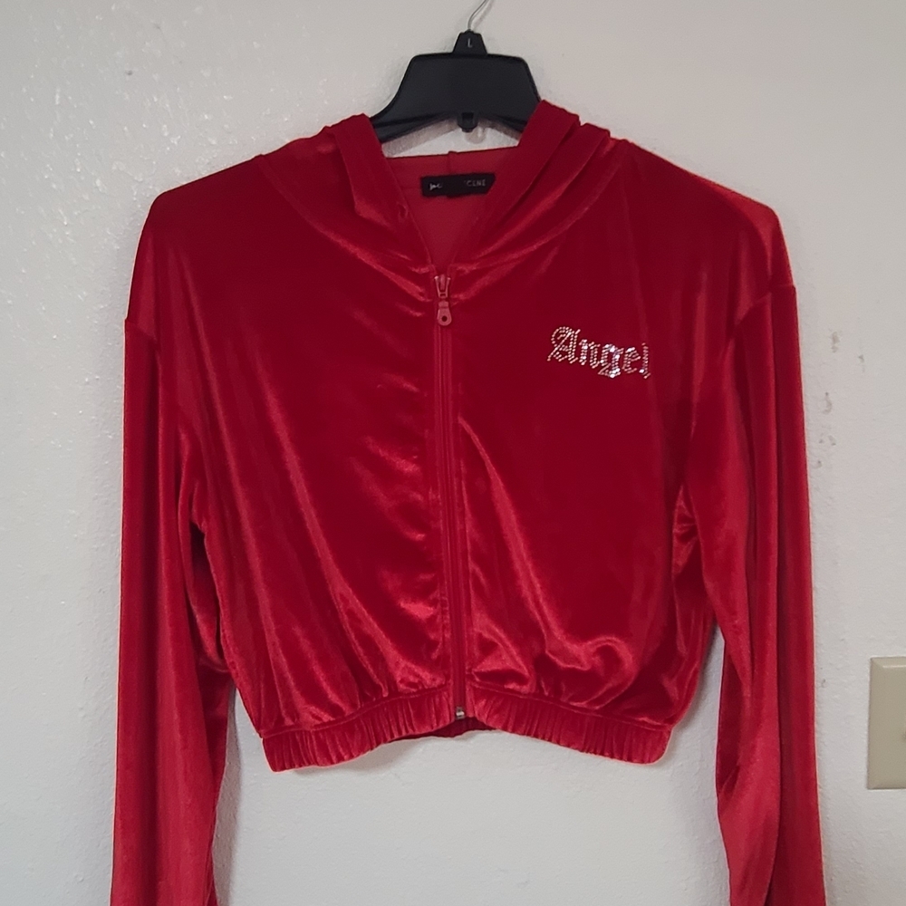 Red Velvet Zip-Up Bomber Jacket with Crystal 'Angel' Accent